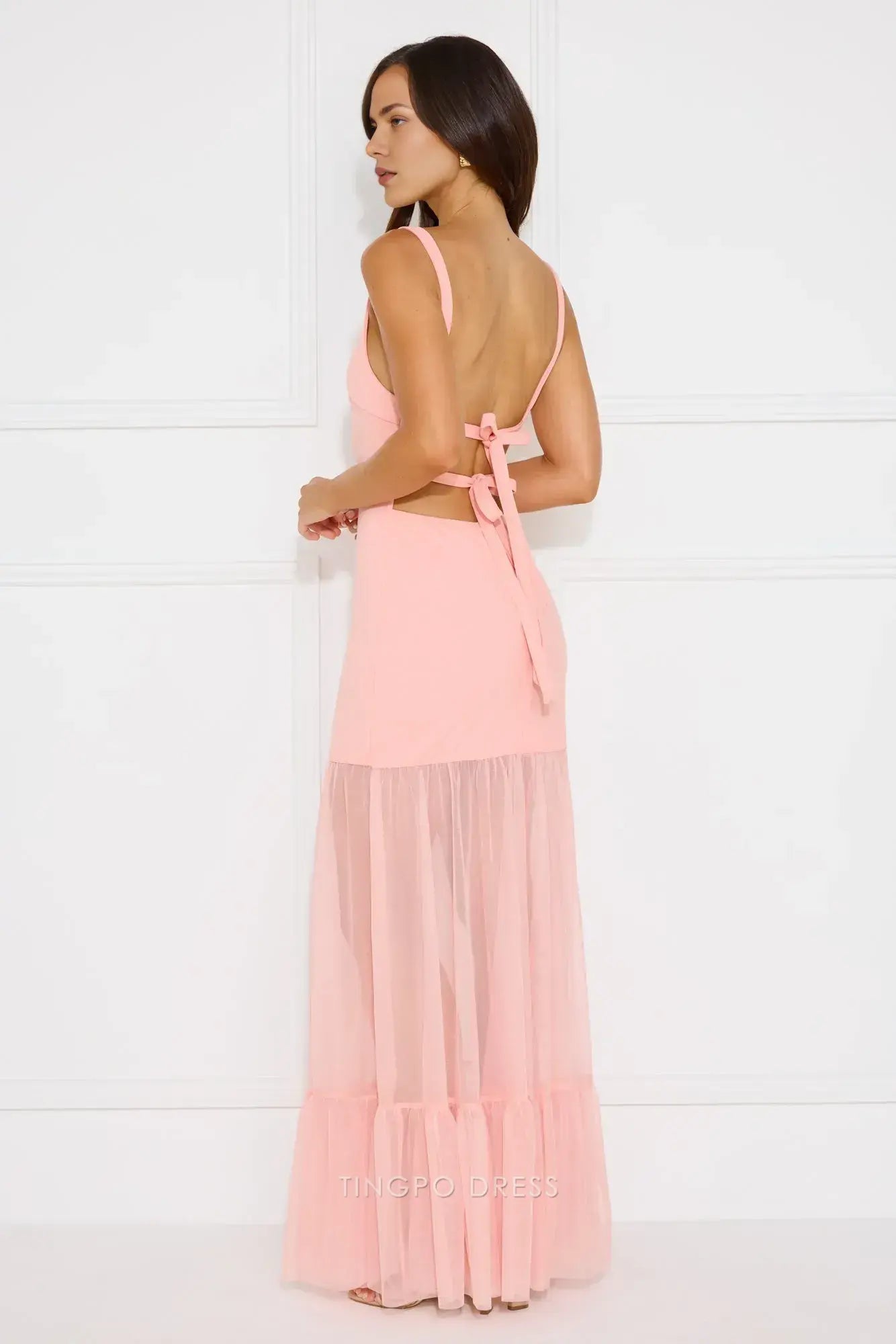 Pink Sleeveless Mesh Ruffle Maxi Dress with Back Tie Prom Dress